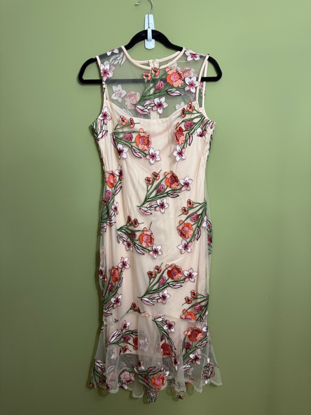 Calvin Klein Sheer Floral Embroidered Midi Dress - Cream, Pink, Green